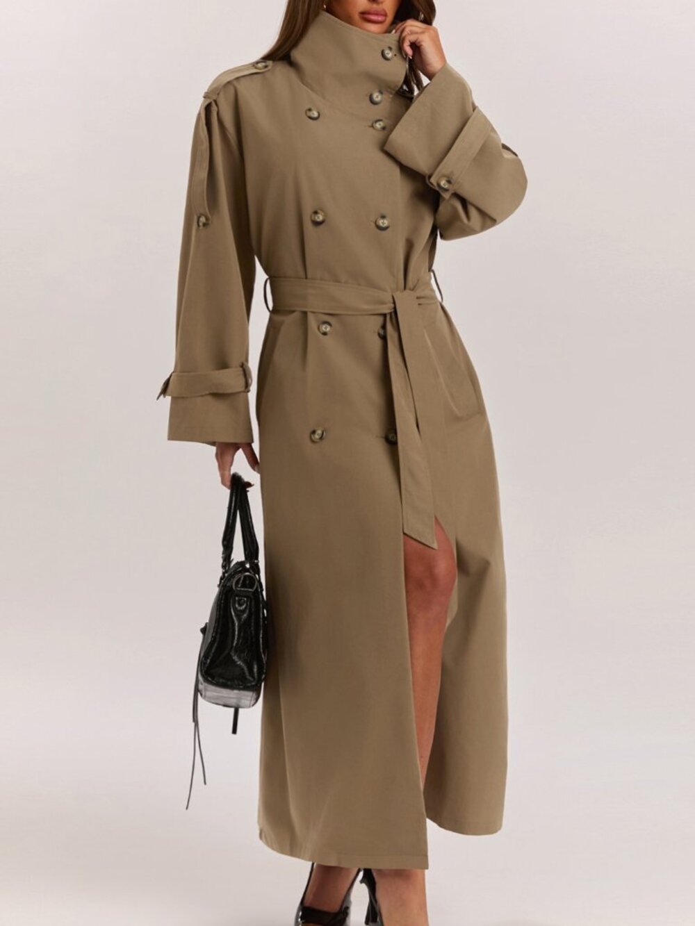 Khaki Elegant Women's Double-Breasted Long Oversized Trench Coat